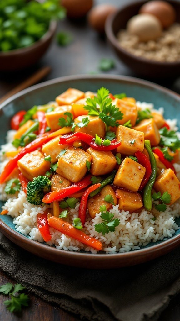 A vibrant bowl of sweet and sour tofu served over rice with fresh vegetables and cilantro.
