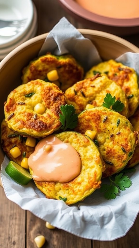 A bowl of sweet corn and zucchini fritters served with sauce