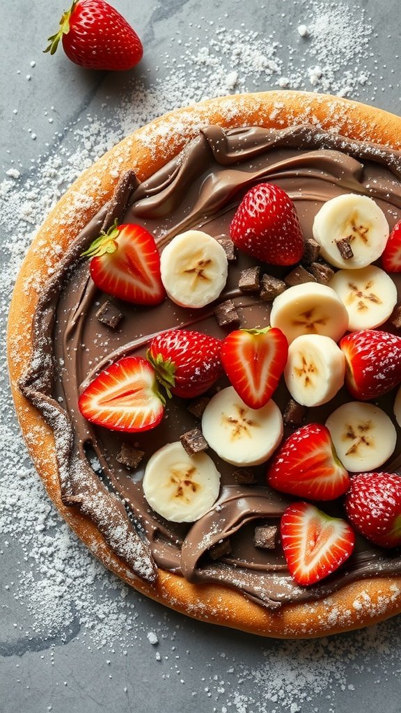 A sweet dessert pizza topped with Nutella, strawberries, and bananas, dusted with powdered sugar.