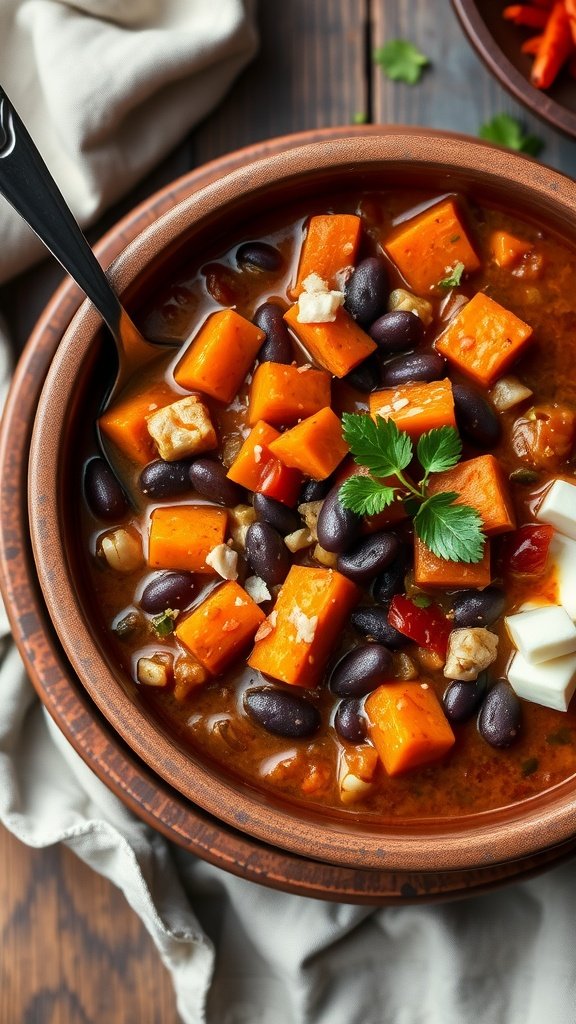 Bowl of sweet potato and black bean chili with cilantro