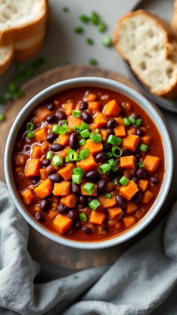 Bowl of sweet potato and black bean chili topped with green onions

14 Cheap Vegan Dinner Ideas