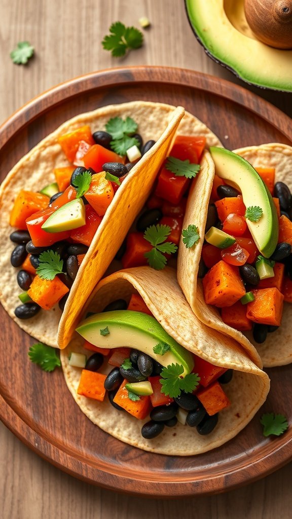 Sweet potato and black bean tacos served with fresh toppings