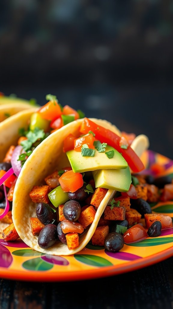 Sweet potato and black bean tacos topped with fresh vegetables and avocado on a colorful plate.