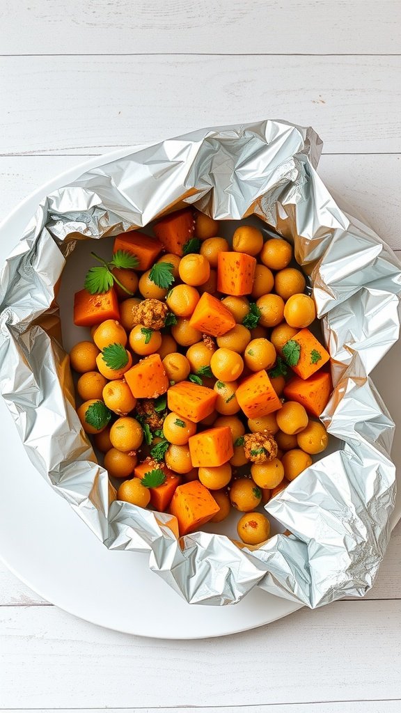 A foil pack filled with sweet potatoes, chickpeas, and cilantro.