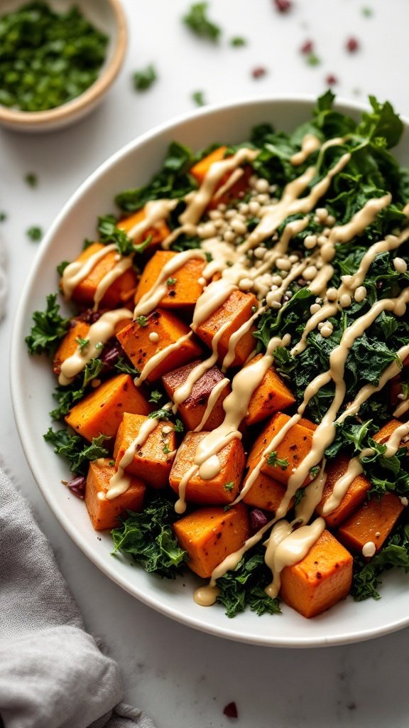 A colorful sweet potato and kale bowl drizzled with tahini sauce, garnished with sesame seeds.