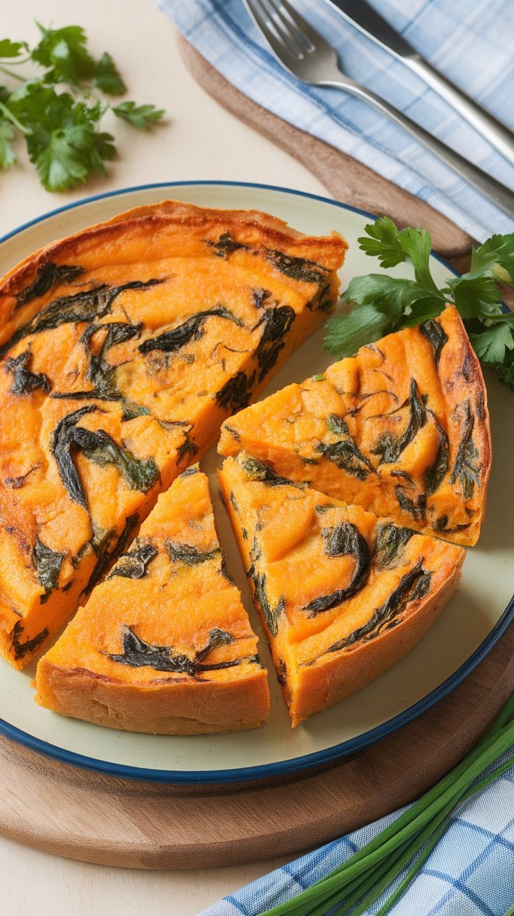 A slice of sweet potato and spinach frittata with cherry tomatoes on a white plate, garnished with fresh herbs.