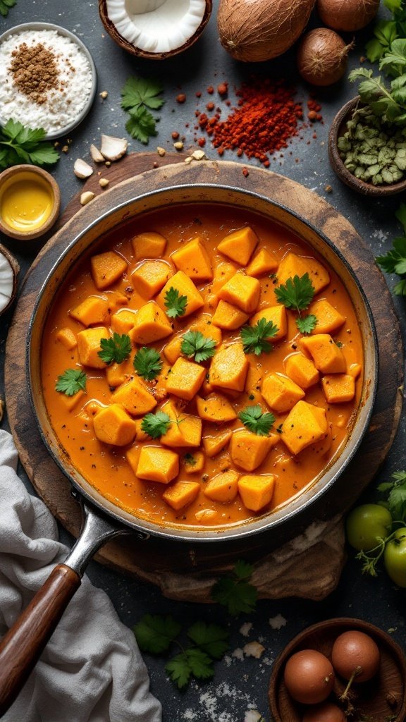 A delicious bowl of sweet potato curry garnished with cilantro.
