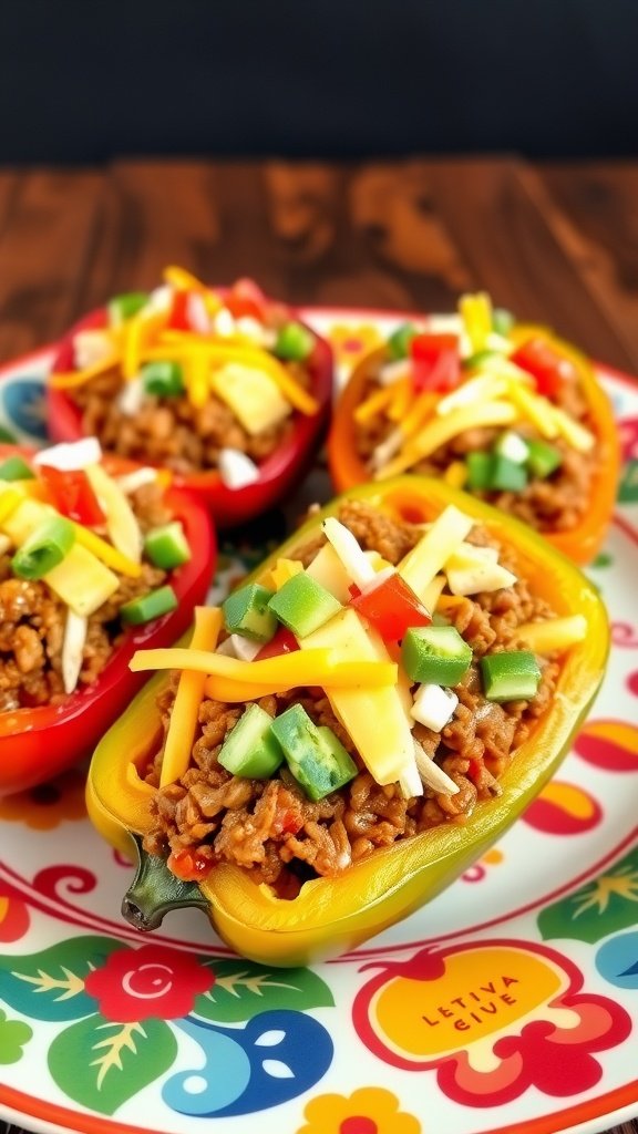 Taco-inspired ground beef stuffed peppers filled with seasoned meat and topped with cheese and vegetables.