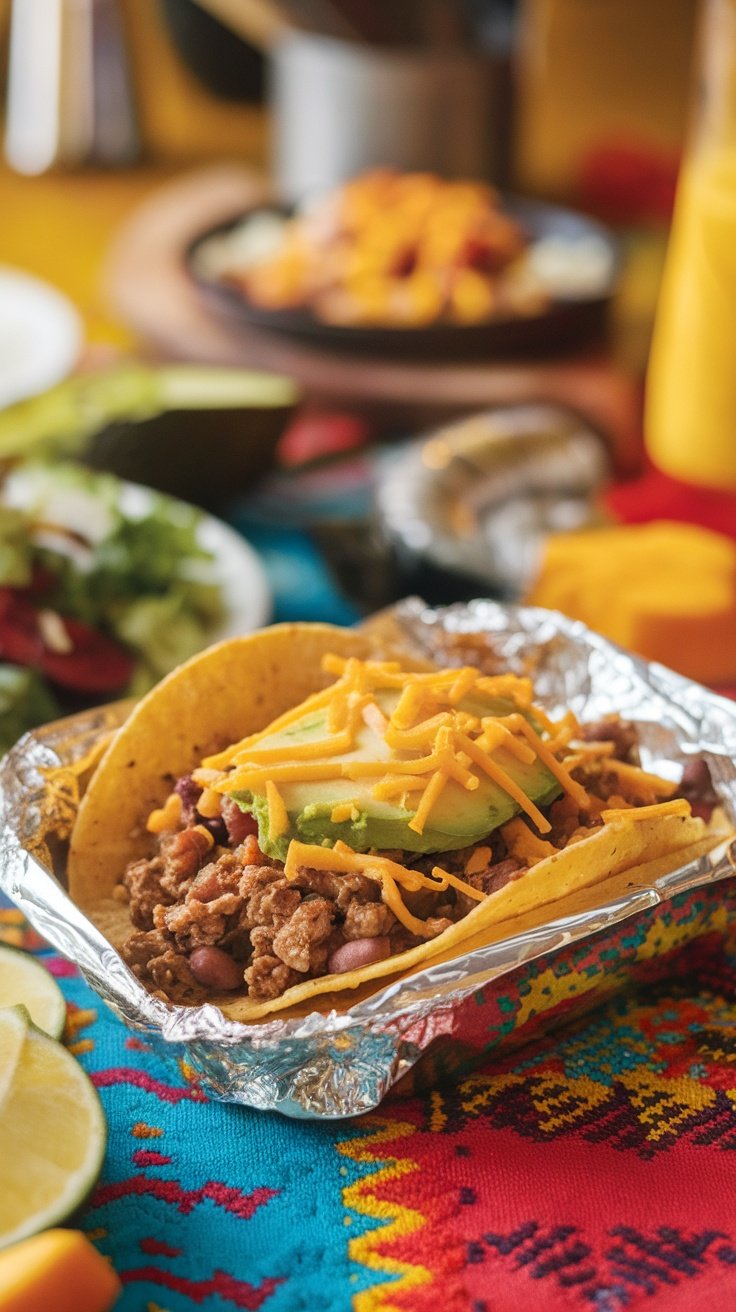 A foil pack filled with taco beef, black beans, and colorful toppings, ready to be served.