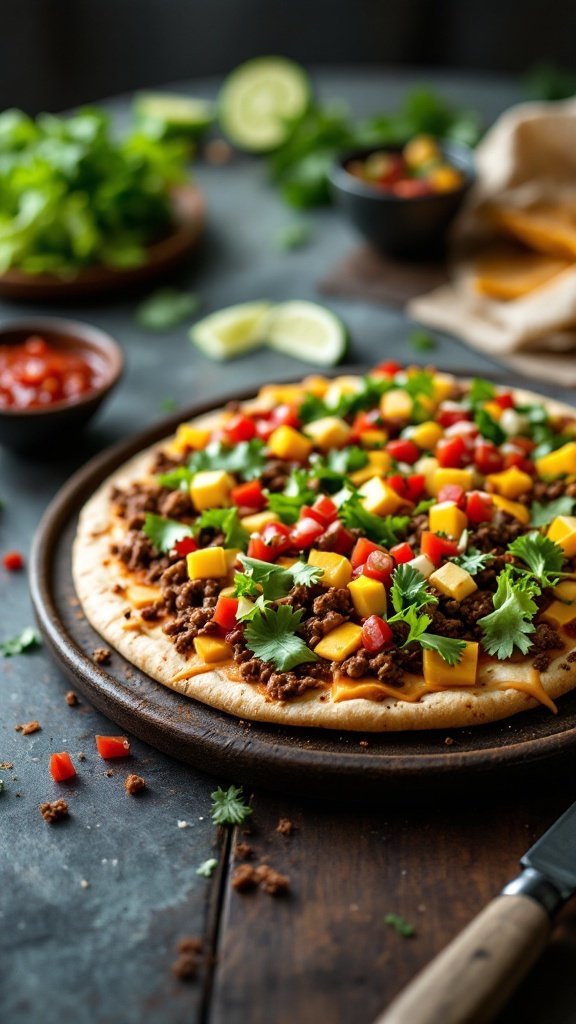 Taco flatbread pizza topped with ground beef, cheese, tomatoes, bell peppers, and cilantro