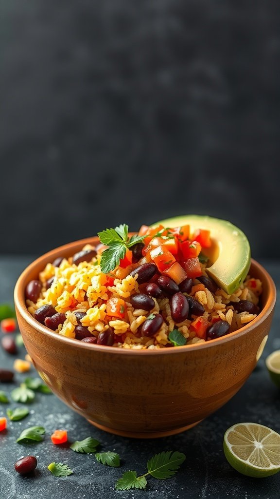 A colorful taco rice bowl with beans, topped with diced tomatoes and avocado slices.

7 Cheap Meal Ideas For The Week