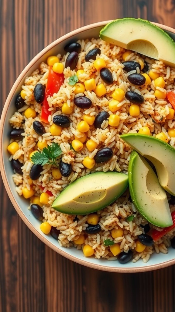 Bowl of taco seasoned rice pilaf with avocado slices