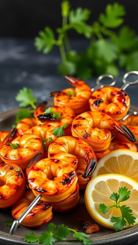 Tandoori shrimp kebabs with lemon wedges