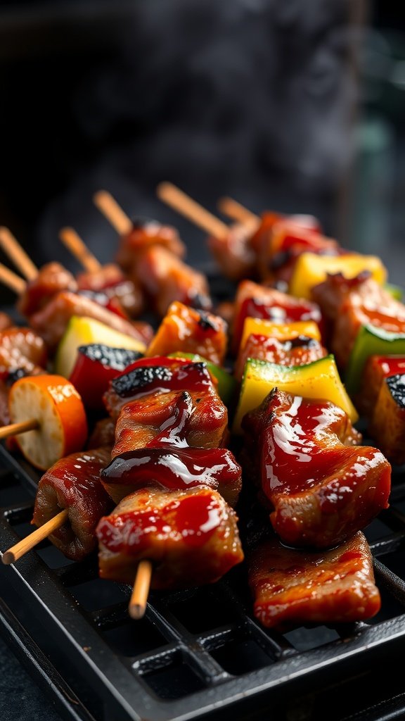 A plate of teriyaki beef and vegetable skewers grilled to perfection.