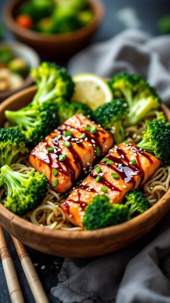A colorful bowl featuring teriyaki salmon fillets, steamed broccoli, and noodles, garnished with sesame seeds and green onions.