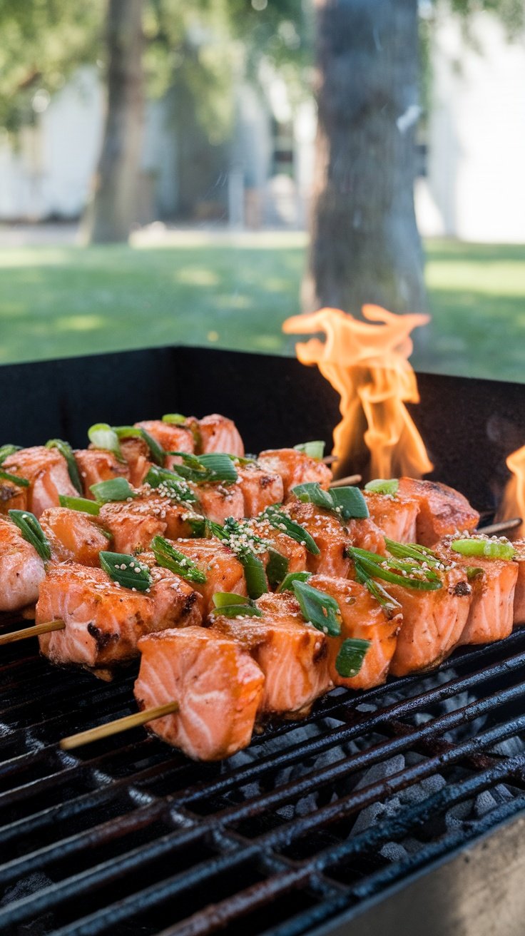 Grilled teriyaki salmon kebabs garnished with green onions and sesame seeds.