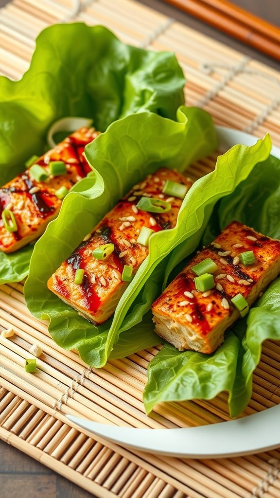 Teriyaki salmon lettuce wraps on a bamboo mat
