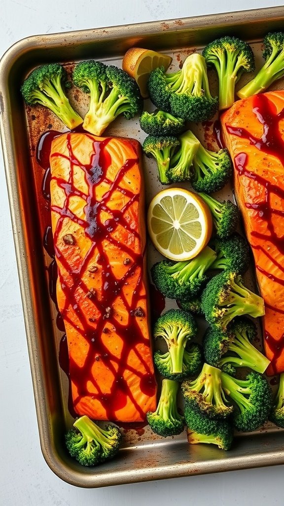 A delicious plate of teriyaki salmon with broccoli, garnished with lemon.