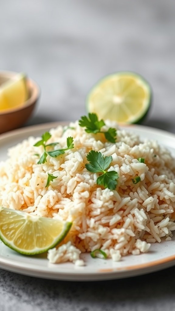 A plate of Thai Coconut Rice Pilaf garnished with lime and cilantro.