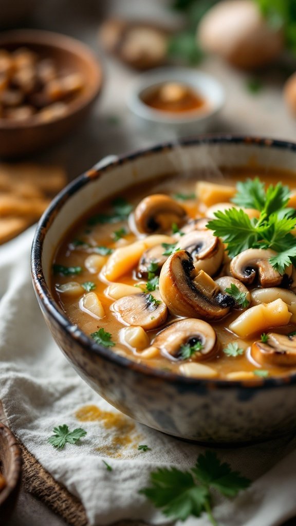 A bowl of Thai coconut soup with sliced mushrooms and cilantro garnish.