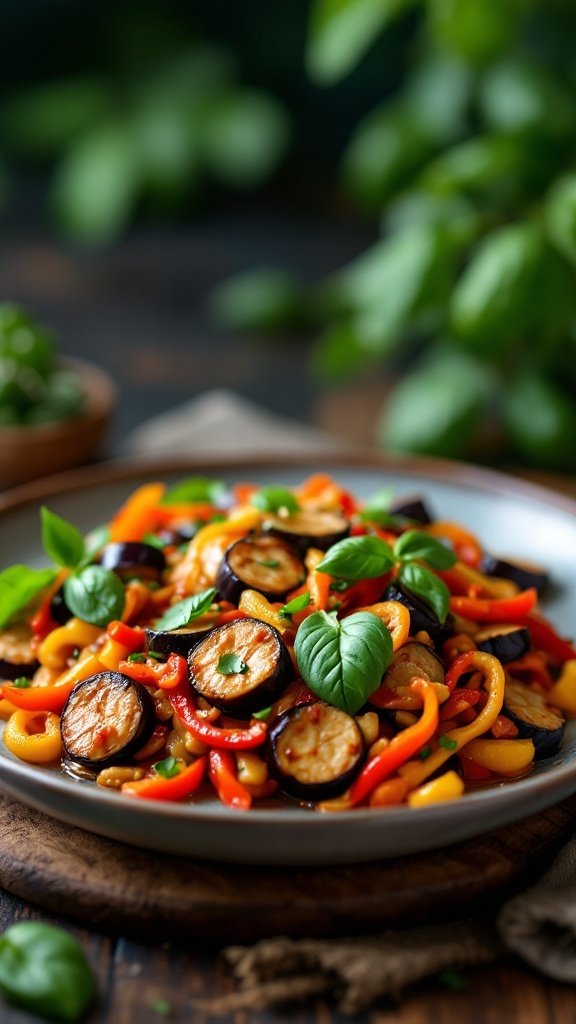 A colorful plate of Thai Eggplant Stir-Fry with vibrant vegetables and garnished with fresh basil.