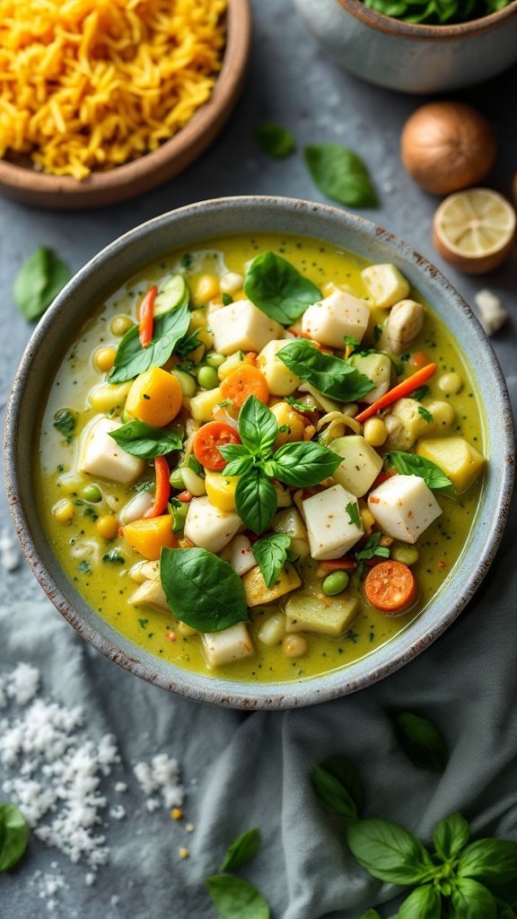 A bowl of Thai green curry with colorful vegetables and basil leaves.