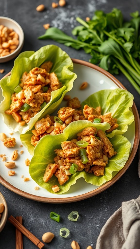 Thai Peanut Chicken Lettuce Cups with chicken filling and garnishes