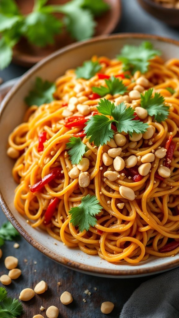A bowl of Thai Peanut Noodles garnished with peanuts and fresh cilantro