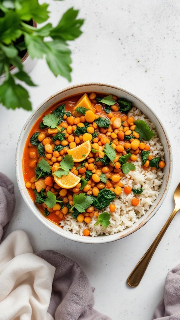 A bowl of Thai Red Curry Lentils served with rice, topped with fresh spinach and cilantro.