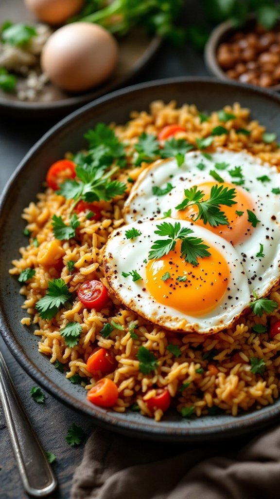 Thai Style Fried Rice with Eggs garnished with cilantro