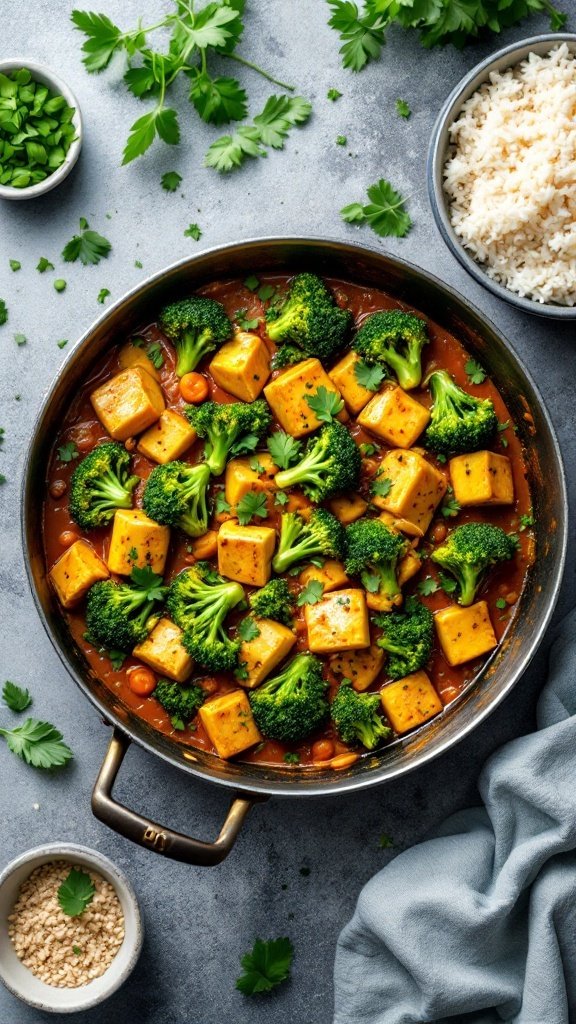 A delicious dish of tofu and broccoli curry served in a pan with fresh herbs