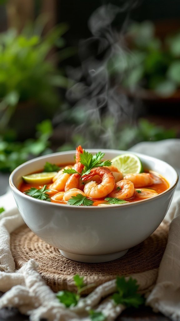 A bowl of steaming Tom Yum Soup with shrimp, garnished with fresh cilantro and lime.