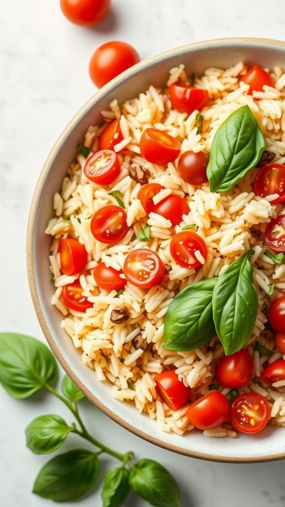 Bowl of Tomato Basil Rice Pilaf with cherry tomatoes and fresh basil