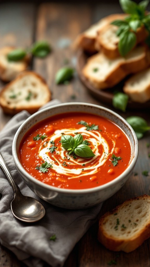 A bowl of creamy tomato basil soup garnished with basil leaves and served with slices of crusty bread.