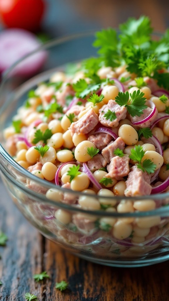 A bowl of tuna and white bean salad with herbs and onions