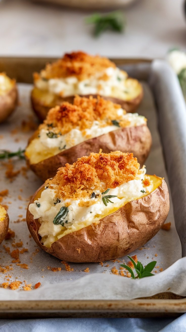 Twice-baked potatoes topped with crispy breadcrumbs and herbs