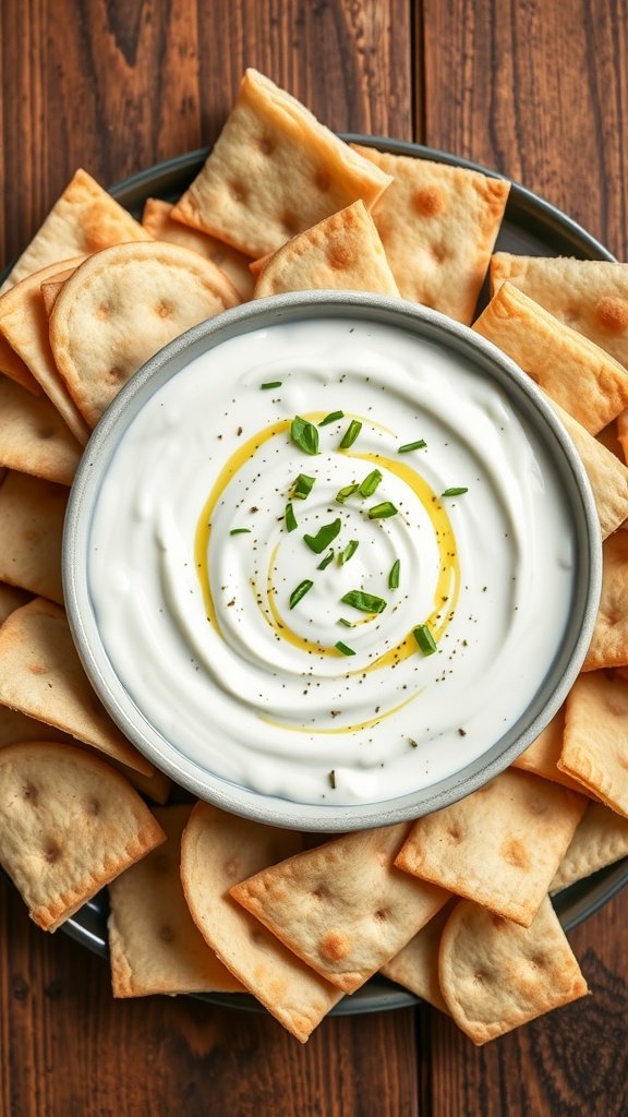 A bowl of tzatziki sauce surrounded by pita chips on a wooden table

15 Affordable Greek-Inspired Dishes