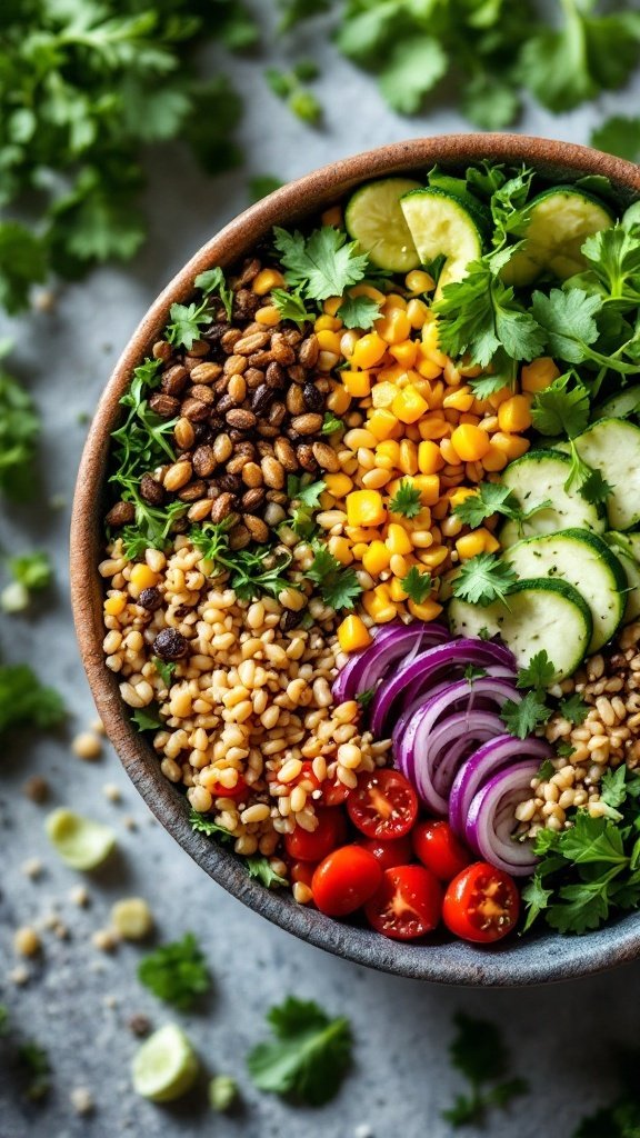 A colorful vegan Buddha bowl filled with quinoa, chickpeas, fresh vegetables, and topped with avocado.