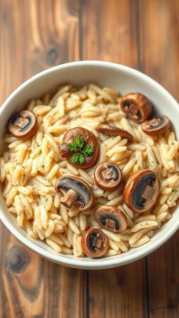 A bowl of creamy vegan mushroom risotto with orzo pasta and garnished with parsley.