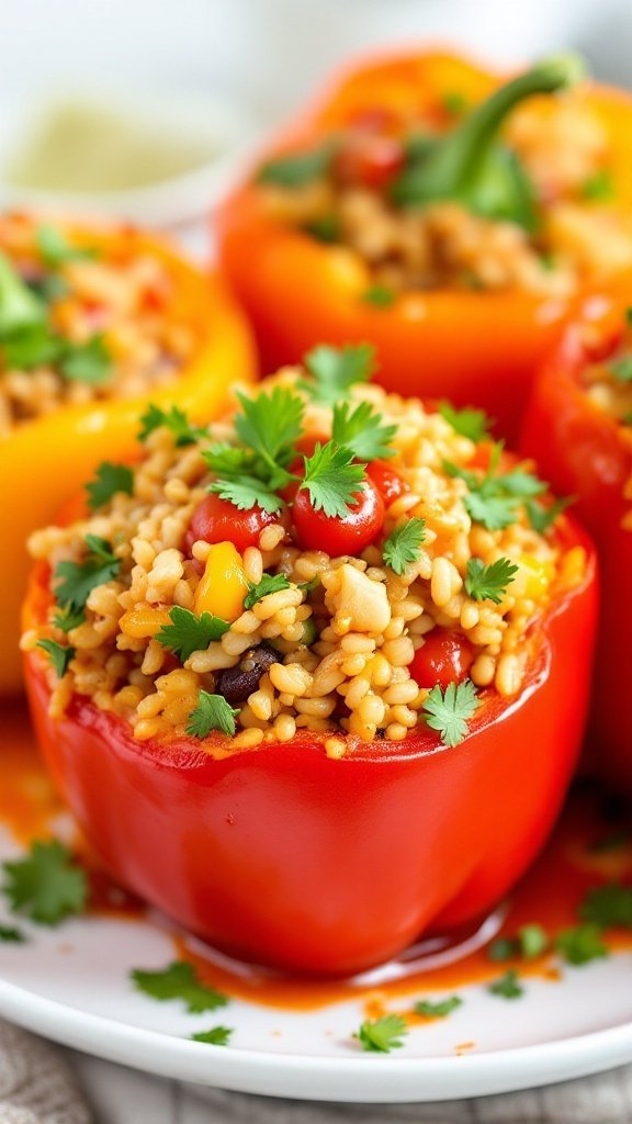 Colorful stuffed bell peppers filled with rice and vegetables