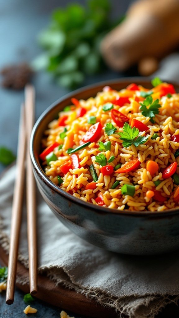 A bowl of colorful vegetable fried rice topped with fresh herbs and sliced peppers.