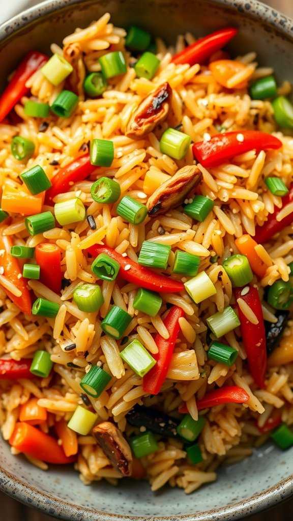 A bowl of colorful vegetable fried rice with soy sauce, garnished with green onions.