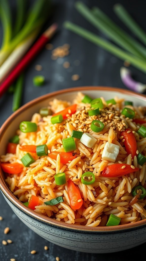 A bowl of vegetable fried rice topped with green onions and sesame seeds.