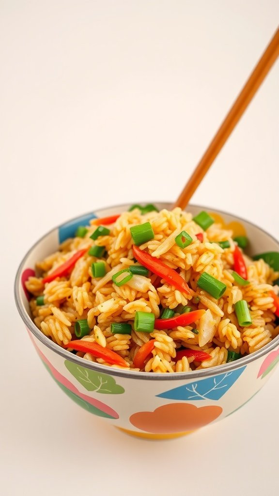 A bowl of colorful vegetable fried rice with green onions and red peppers