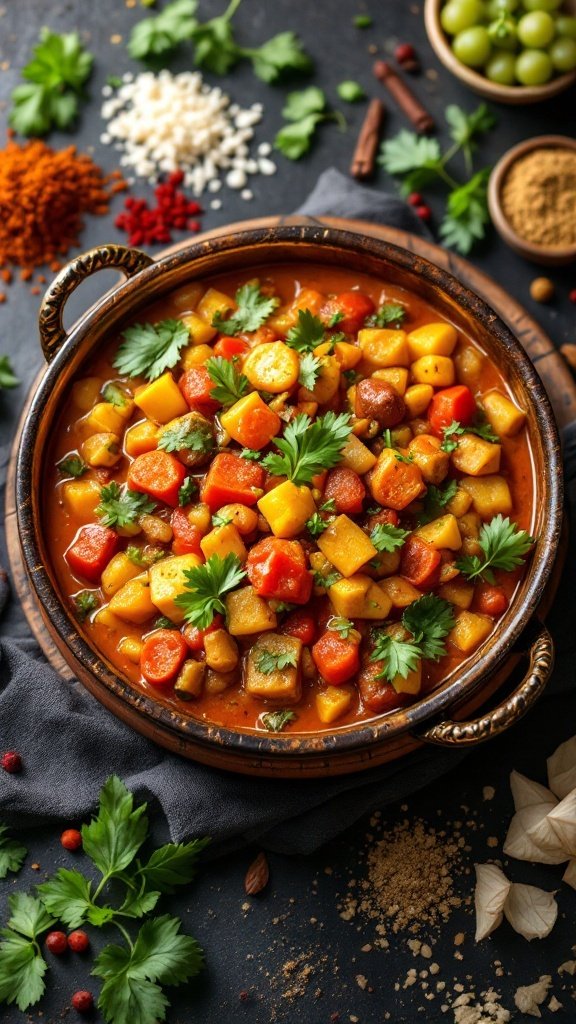 A colorful bowl of Vegetable Masala with chunks of fresh vegetables garnished with cilantro.