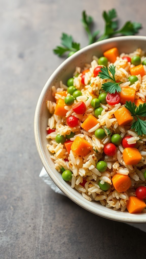 A bowl of colorful vegetable medley rice pilaf filled with rice, peas, carrots, and bell peppers, garnished with parsley.