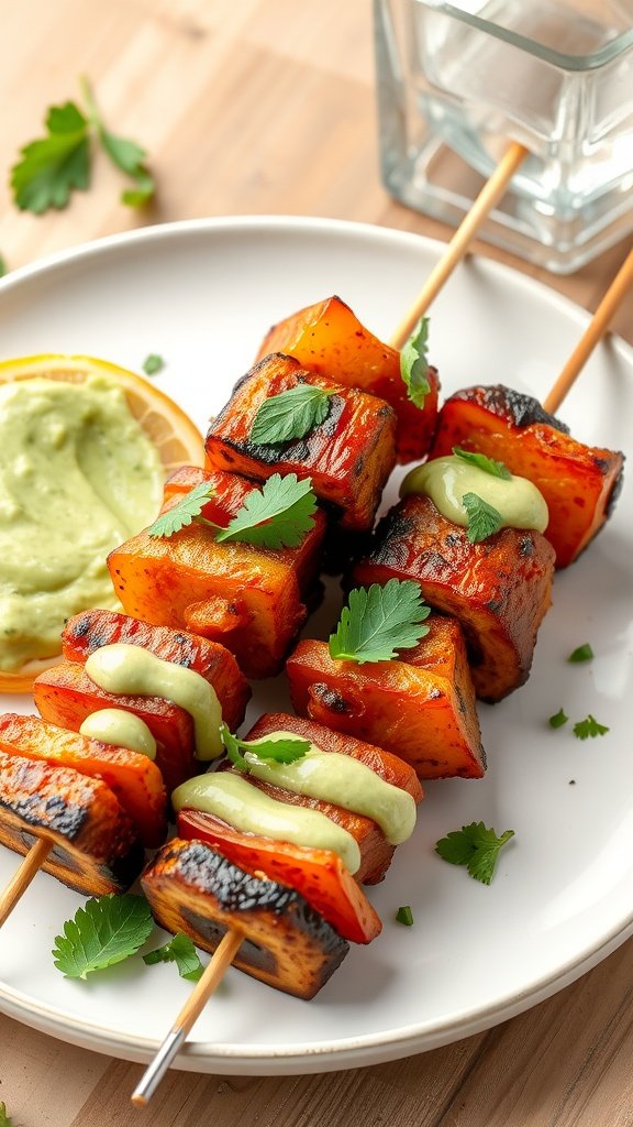 Vegetable Seekh Kebabs on skewers garnished with mint chutney.