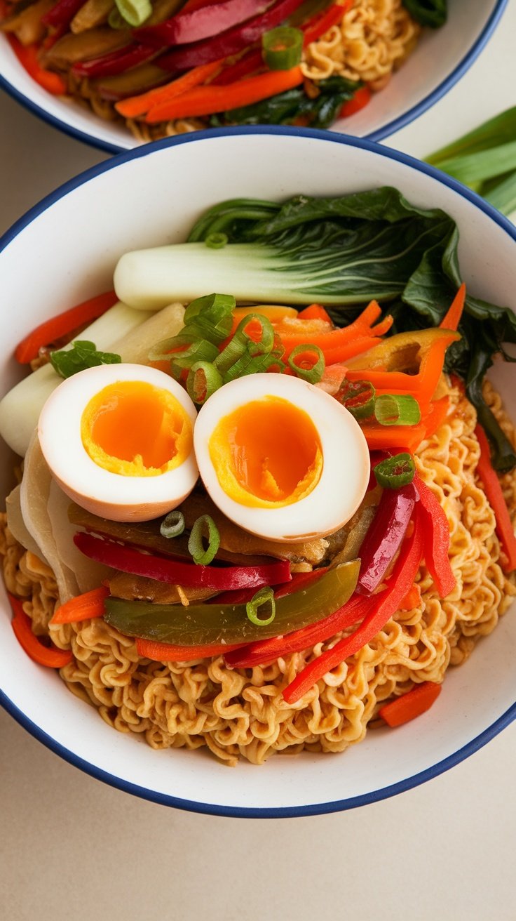 A bowl of vegetable stir-fry ramen with colorful vegetables and a soft-boiled egg