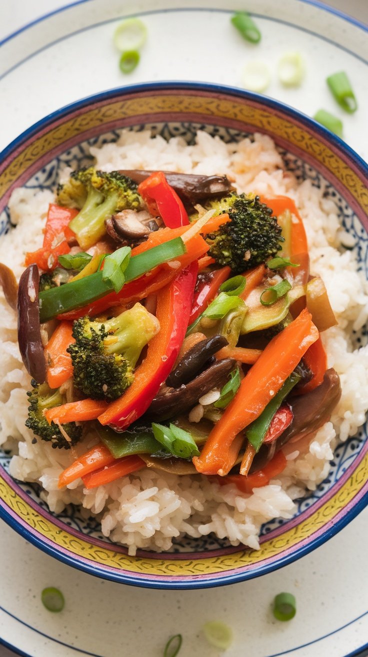 A bowl of colorful vegetable stir-fry with rice, featuring various bell peppers and green beans.