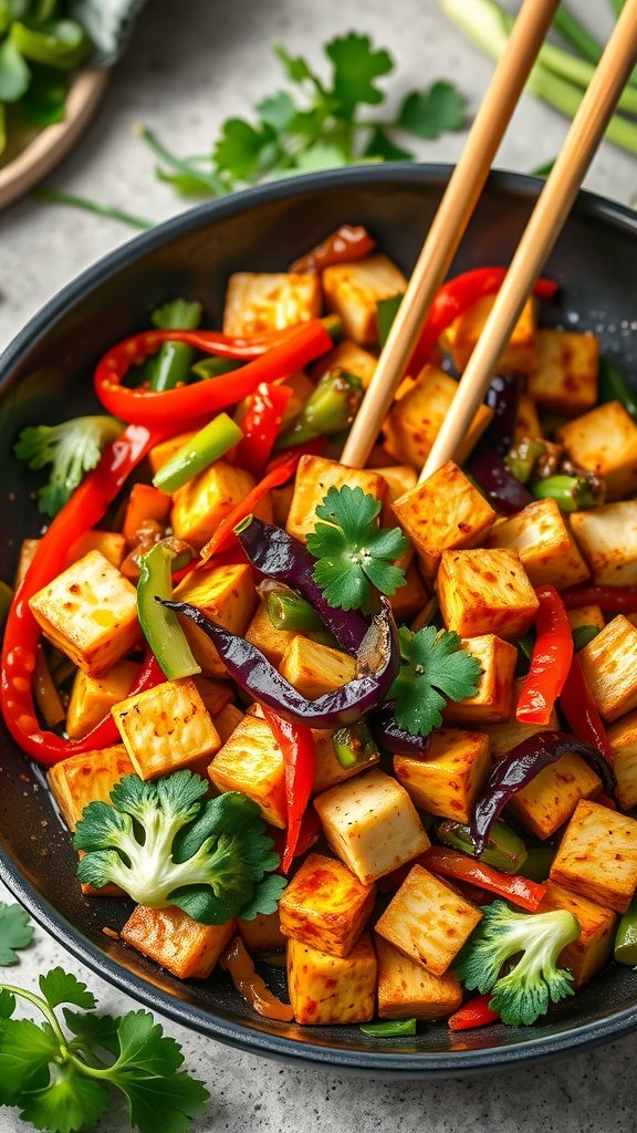 A colorful vegetable stir-fry with tofu, featuring sliced bell peppers, broccoli, and fresh cilantro.